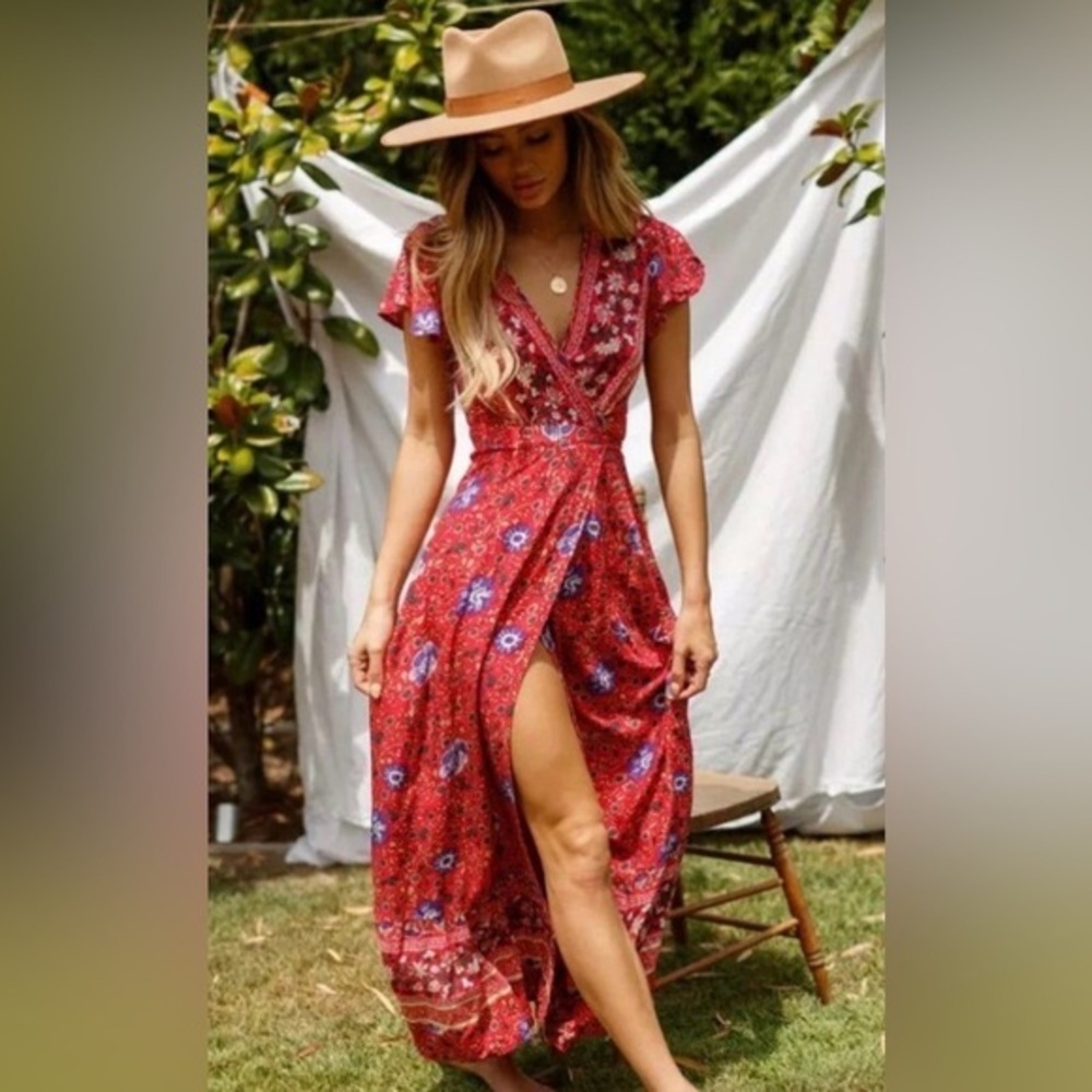 Boho Floral Wrap Maxi Dress | Red | size S | Bohemian Summer